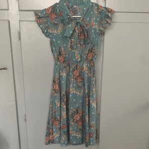 Teal Floral Tie-Neck Midi Dress